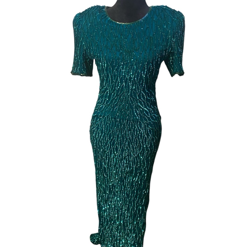 VintageLaurence Kazar NY Womens Sequin Cocktail Dress Turquoise/L Back Zip 90s